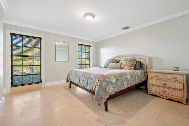 bedroom with baseboards, visible vents, and crown molding