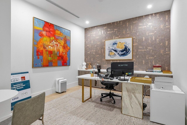 office area with recessed lighting and baseboards