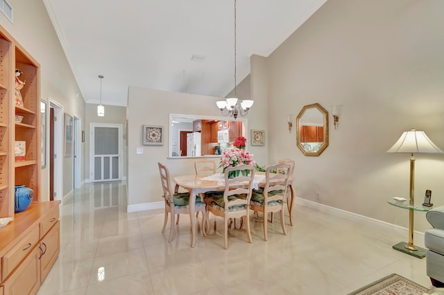 dining area with crown molding, lofted ceiling, an inviting chandelier, and light tile patterned floors