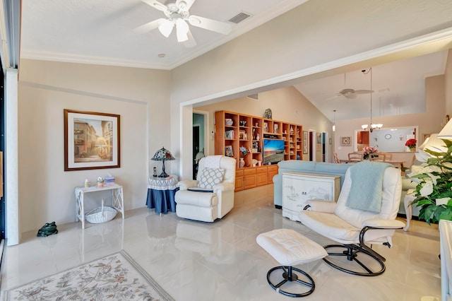 living room with crown molding, ceiling fan with notable chandelier, and vaulted ceiling