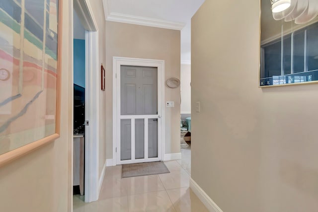 corridor with ornamental molding and light tile patterned floors