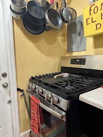 kitchen with stainless steel range with gas cooktop