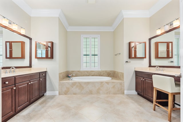 bathroom featuring tiled tub, crown molding, tile patterned flooring, and vanity