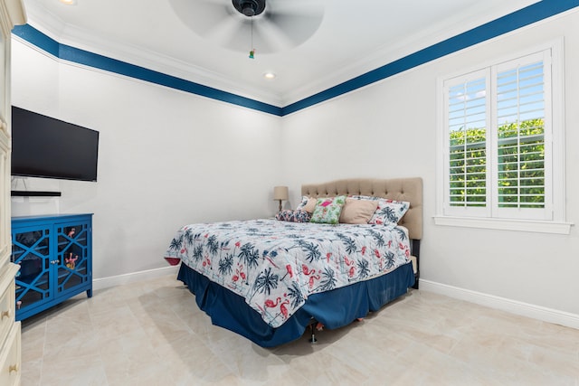 bedroom featuring ceiling fan and ornamental molding