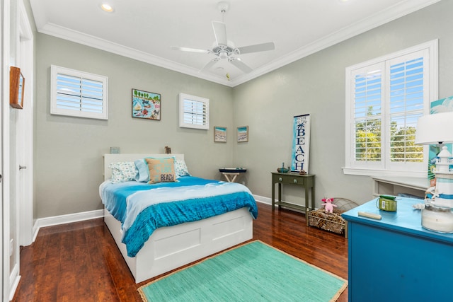 bedroom featuring crown molding, ceiling fan, and dark hardwood / wood-style floors