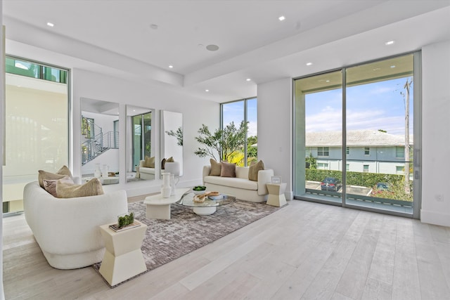 living room with light hardwood / wood-style floors and expansive windows