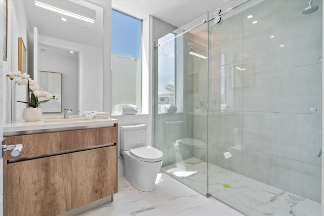 bathroom with vanity, toilet, and an enclosed shower