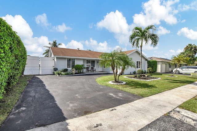 ranch-style home with a front yard and covered porch