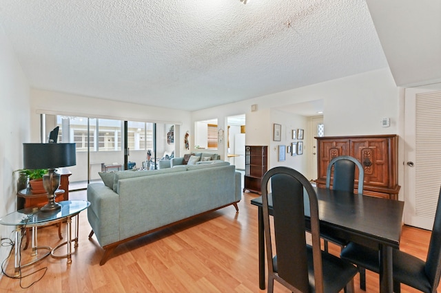 living room featuring light wood-type flooring and a textured ceiling