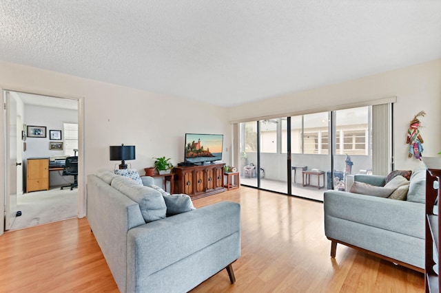 living room featuring light wood-type flooring and a textured ceiling