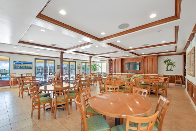 dining room with crown molding, beamed ceiling, light tile patterned floors, and coffered ceiling