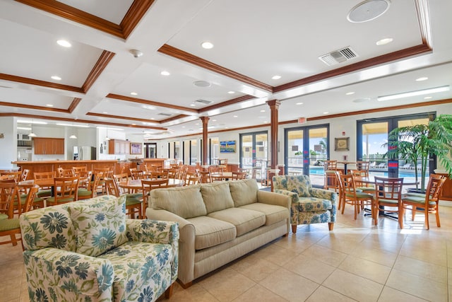 living room featuring coffered ceiling, french doors, ornate columns, ornamental molding, and light tile patterned flooring