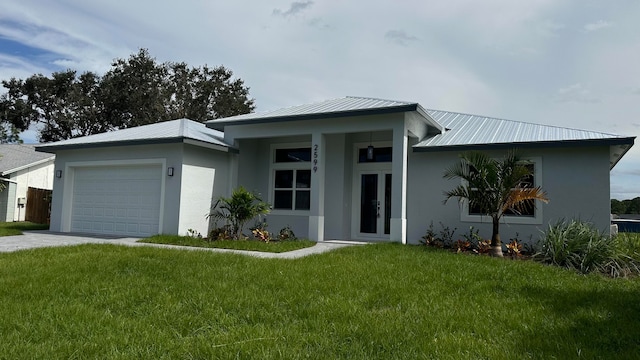 view of front of home with a front yard, a garage, and central air condition unit