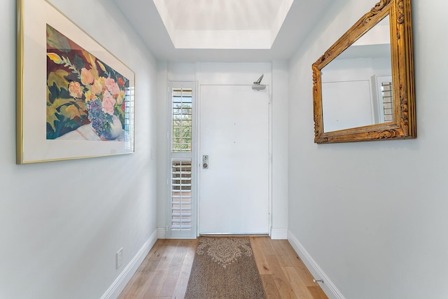 foyer entrance with a tray ceiling, wood finished floors, and baseboards