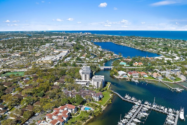 bird's eye view with a water view