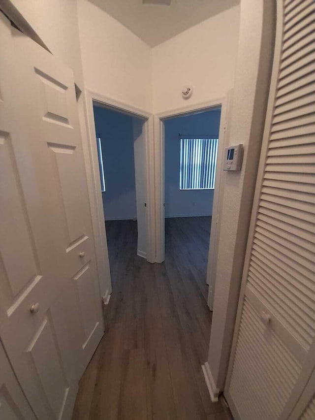 hallway with dark hardwood / wood-style flooring