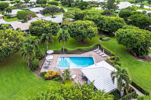 view of swimming pool featuring a patio area and a lawn