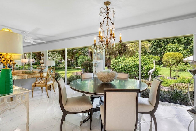 dining room with ceiling fan with notable chandelier