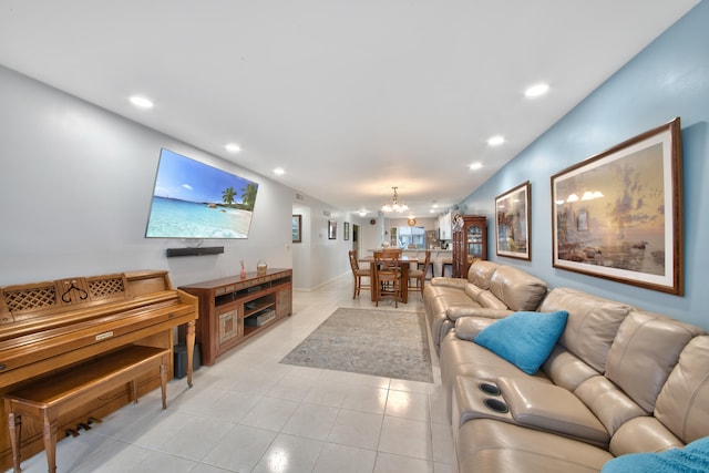 living room featuring a chandelier