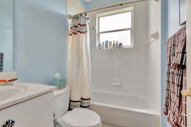 full bathroom with vanity, toilet, and shower / bathtub combination with curtain