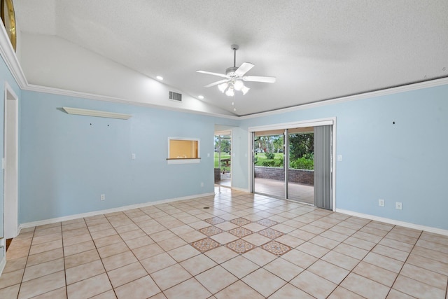 tiled spare room with high vaulted ceiling, ceiling fan, crown molding, and a textured ceiling