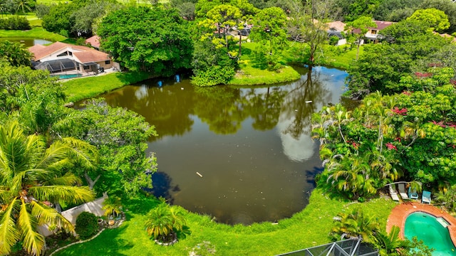 bird's eye view with a water view