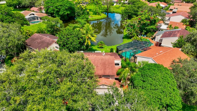 aerial view featuring a water view