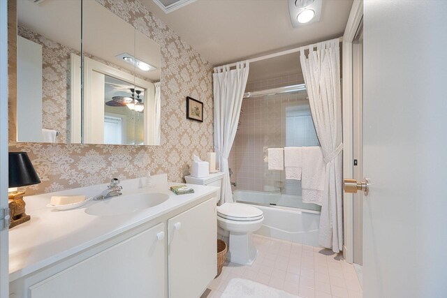 full bathroom with tile patterned flooring, shower / bathtub combination with curtain, toilet, ceiling fan, and vanity