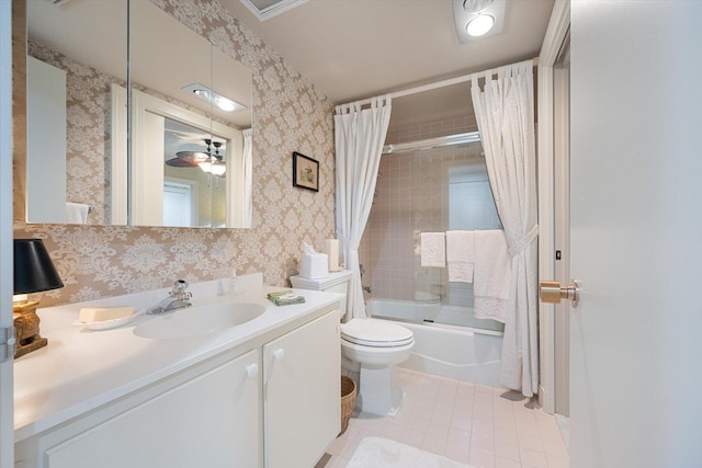 bathroom with tile patterned flooring, wallpapered walls, toilet, shower / bath combo with shower curtain, and vanity