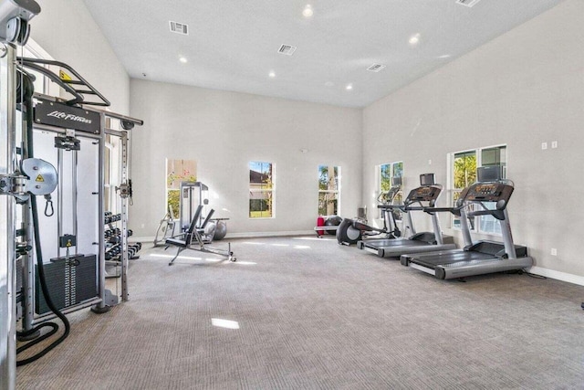 exercise room with a textured ceiling, light colored carpet, and a high ceiling