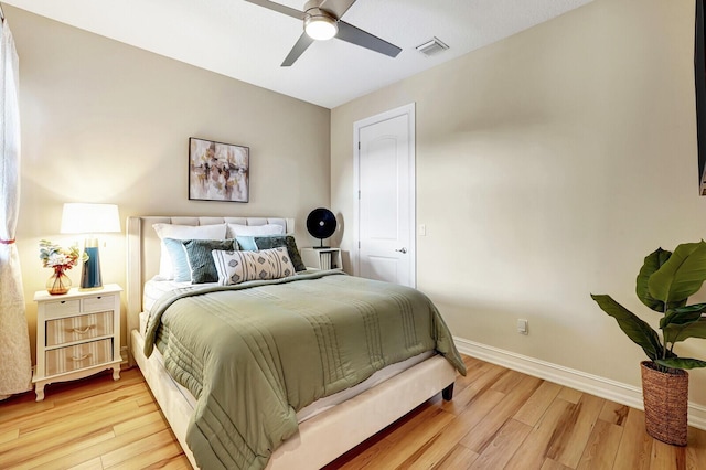 bedroom with ceiling fan and light wood-type flooring