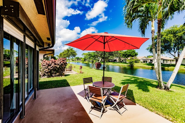 view of patio with a water view