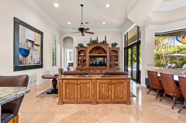 interior space featuring ceiling fan and ornamental molding