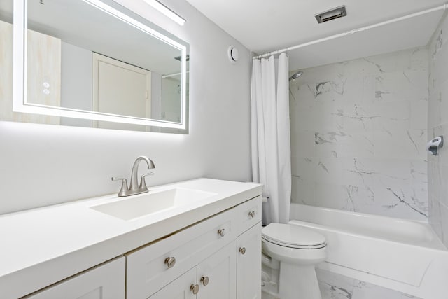 full bathroom with vanity, toilet, and shower / bathtub combination with curtain