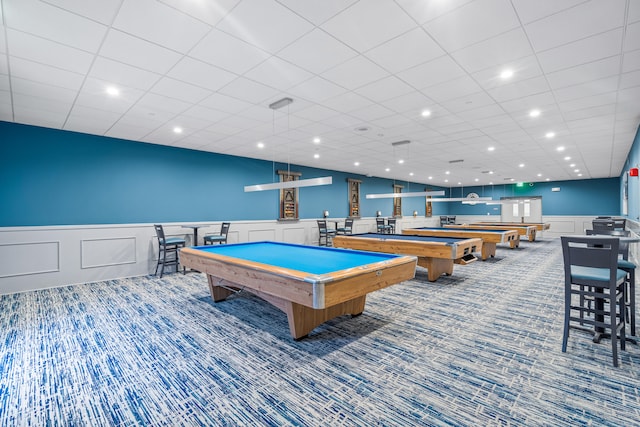 game room featuring carpet flooring and billiards