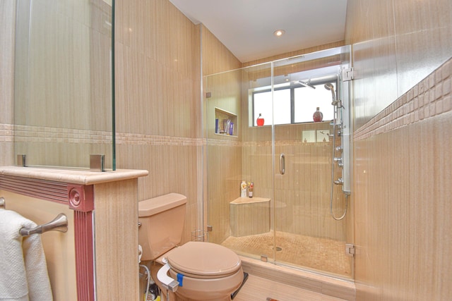 bathroom with a shower with shower door, toilet, and vanity