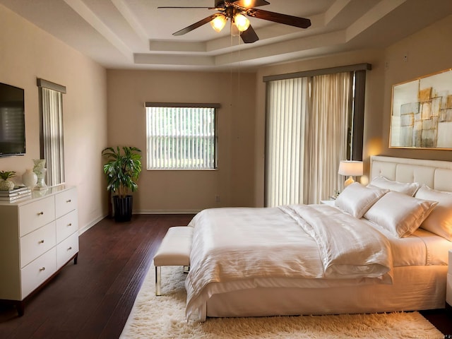 bedroom with hardwood / wood-style floors, ceiling fan, and a tray ceiling