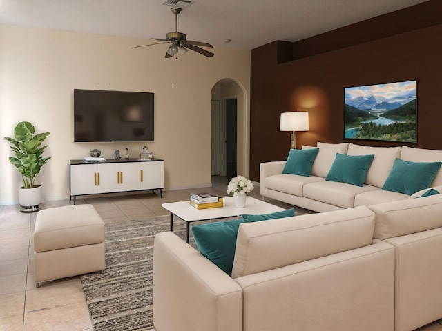 living room with ceiling fan and light tile patterned floors