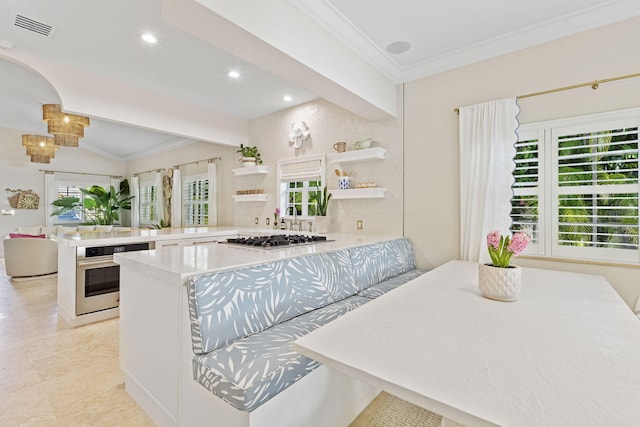 kitchen with lofted ceiling, stainless steel appliances, ornamental molding, and kitchen peninsula