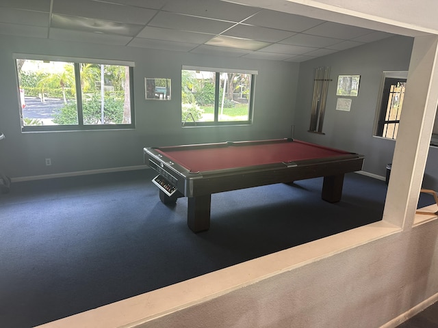 playroom featuring carpet floors, pool table, a paneled ceiling, and a healthy amount of sunlight