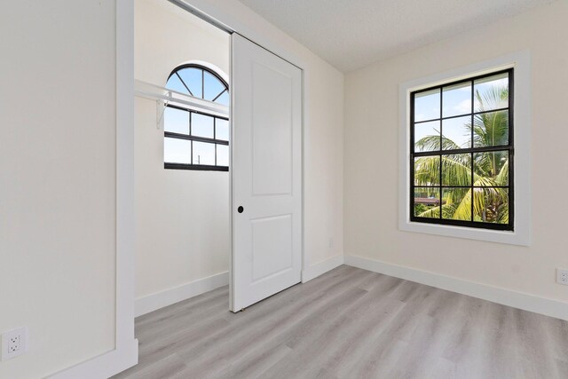 interior space with light wood-type flooring, a textured ceiling, and plenty of natural light