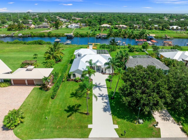 bird's eye view with a water view