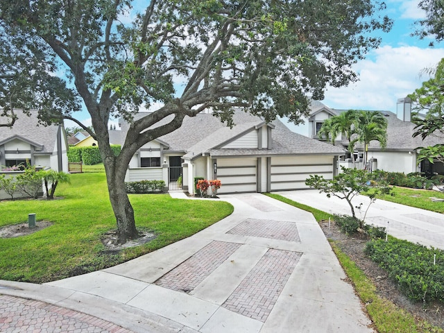 view of front of home with a front yard and a garage