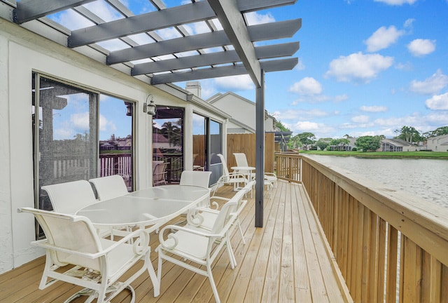 wooden terrace with a pergola and a water view