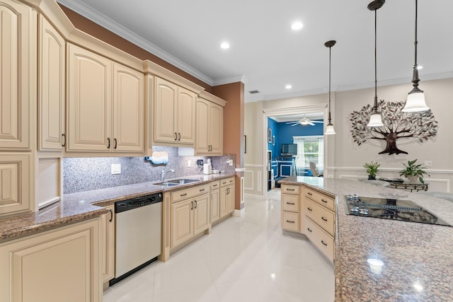 kitchen featuring hanging light fixtures, stone counters, dishwasher, black electric stovetop, and crown molding