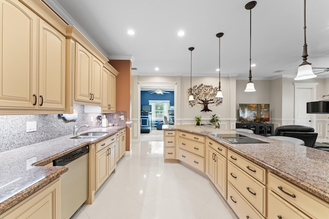 kitchen with hanging light fixtures, dishwasher, light brown cabinetry, ornamental molding, and sink