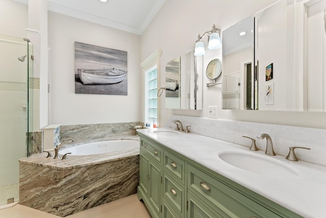 bathroom featuring shower with separate bathtub, vanity, and crown molding