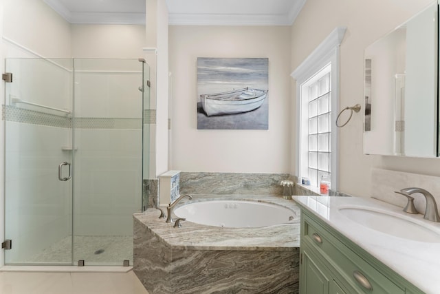 bathroom featuring vanity, plus walk in shower, and ornamental molding