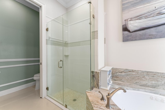 bathroom with independent shower and bath, crown molding, and toilet