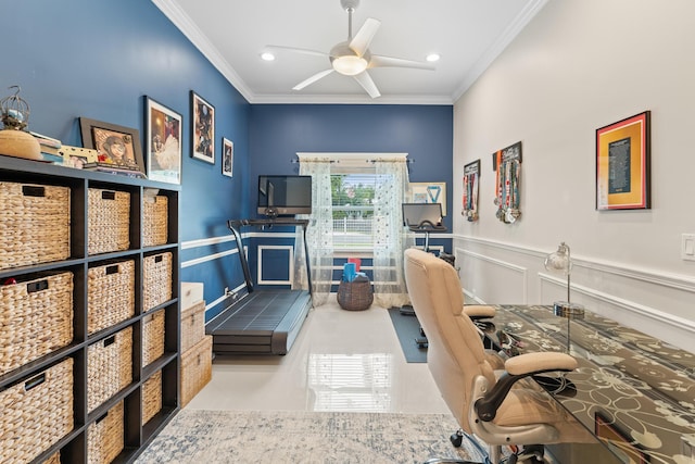 tiled home office featuring ceiling fan and crown molding